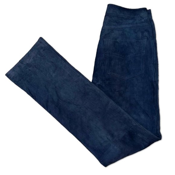 Loro Piana Women's Pant Italian Size 42 High Waist Bootcut Suede Leather Blue - Picture 5 of 8